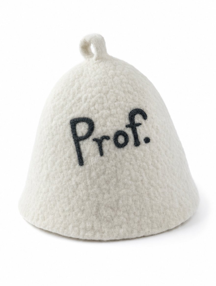 Bela vunena kapa za saunu sa natpisom Prof.